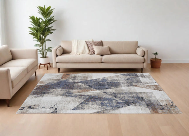 Gray Blue Checkered Area Rug 8x10 - Ivory Geometric Power Loom