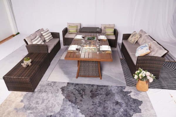 Patio Conversational Sofa Set With Gas Firepit And Ice Container.