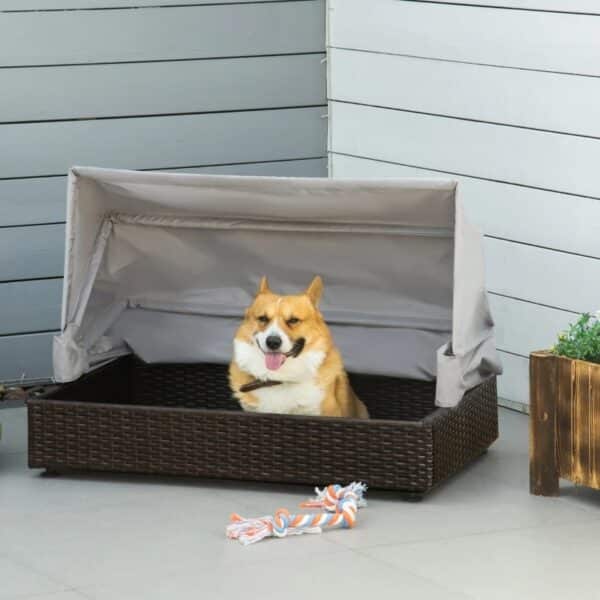 Espresso Wicker Foldable Canopy Raised Dog Bed.