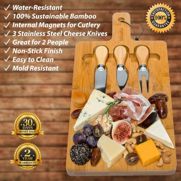 Natural Bamboo Cheese Board and Knife Set for Elegant Serving and Entertaining - 12x8 inch Charcuterie Board with Magnetic Cutlery Storage - Wood Serving Tray with Handle