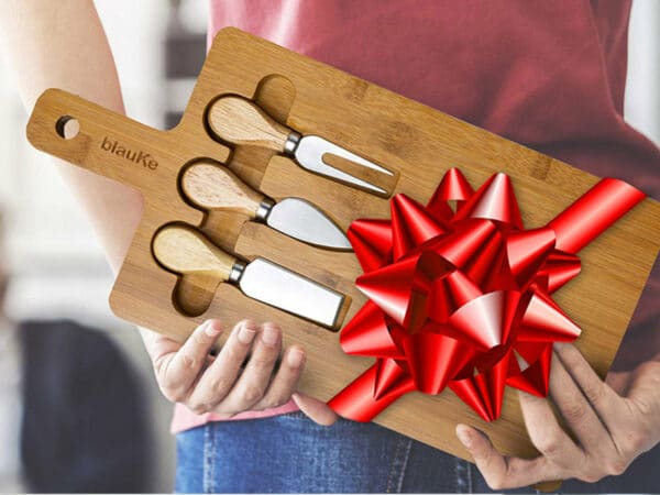 Natural Bamboo Cheese Board and Knife Set for Elegant Serving and Entertaining - 12x8 inch Charcuterie Board with Magnetic Cutlery Storage - Wood Serving Tray with Handle