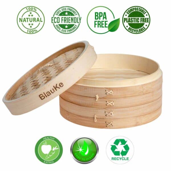 Bamboo Bliss: 2-Tier Dumpling Delight Bamboo Steamer for Exquisite Cooking