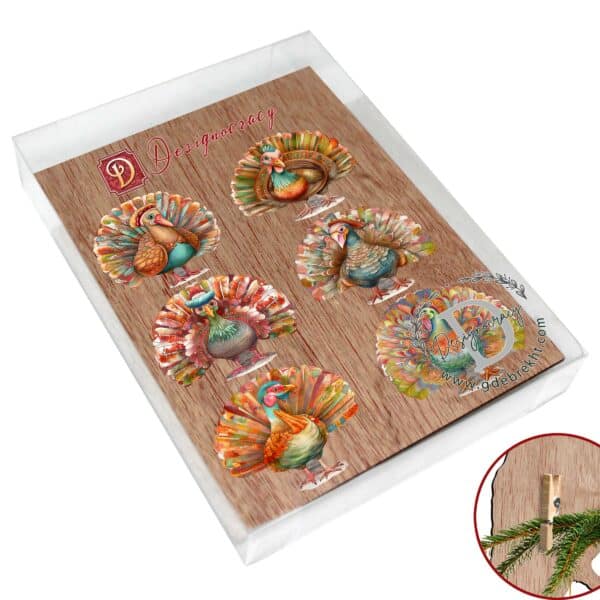 Enhance Your Holiday Cheer with our Exquisite Turkey Decorative Wooden Clip-on Ornaments Set of 6 – Festive Thanksgiving Decor for a Stylish and Joyful Home