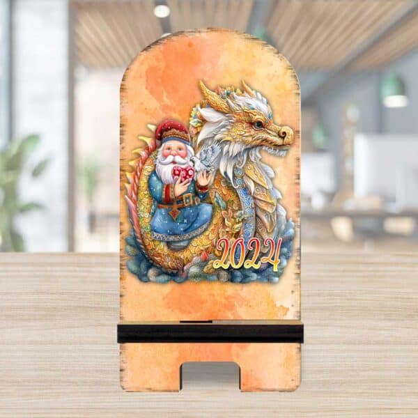 Santa's Festive Dragon Wood Tablet Holder with Charging Station - Christmas Decor Cell Phone Stand for Holiday Cheer